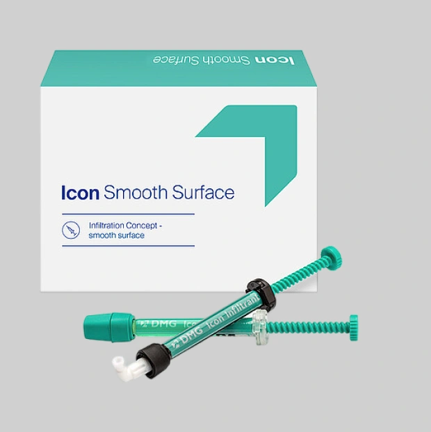 Icon Smooth Surface dental product package with teal syringes and infiltration concept packaging displayed.